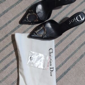 Dior Black Leather Pointed-Toe Mule Slides with Silver Tone Hardware